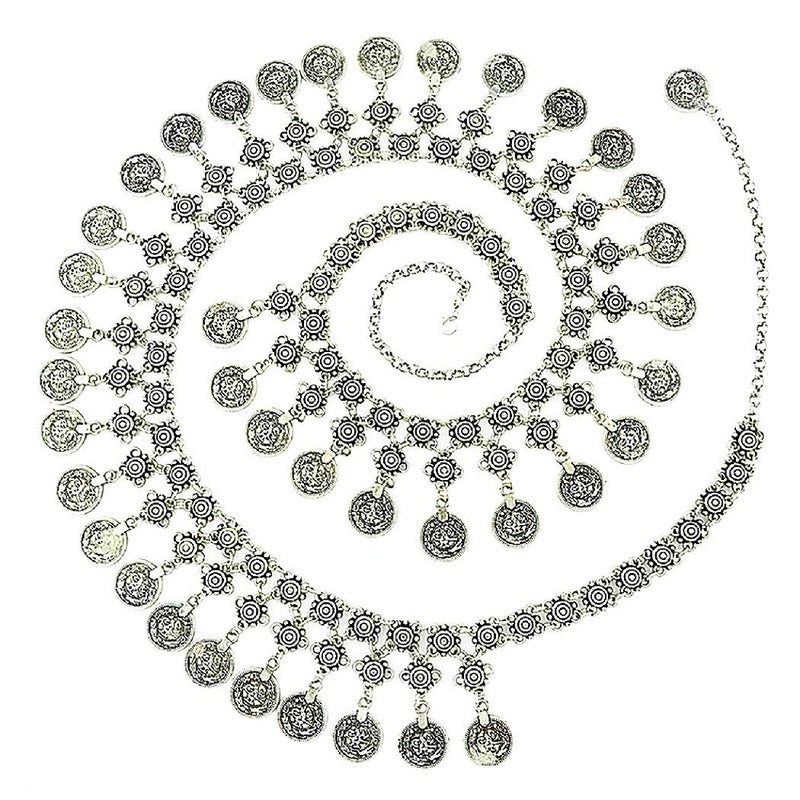TianBo Vintage Antique Silver Color Coin Tassels Pendant Belly Dance Body Chain Waist Chains Turkish Gypsy Carving Beach Belt Body Jewelry for Women Size 35-41in Adjustable - Image 1